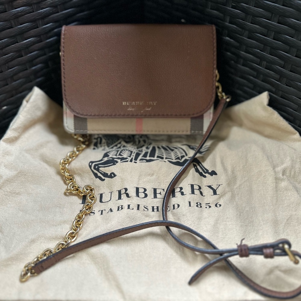 Burberry Brown Check Canvas and Leather Crossbody Bag with Gold Chain